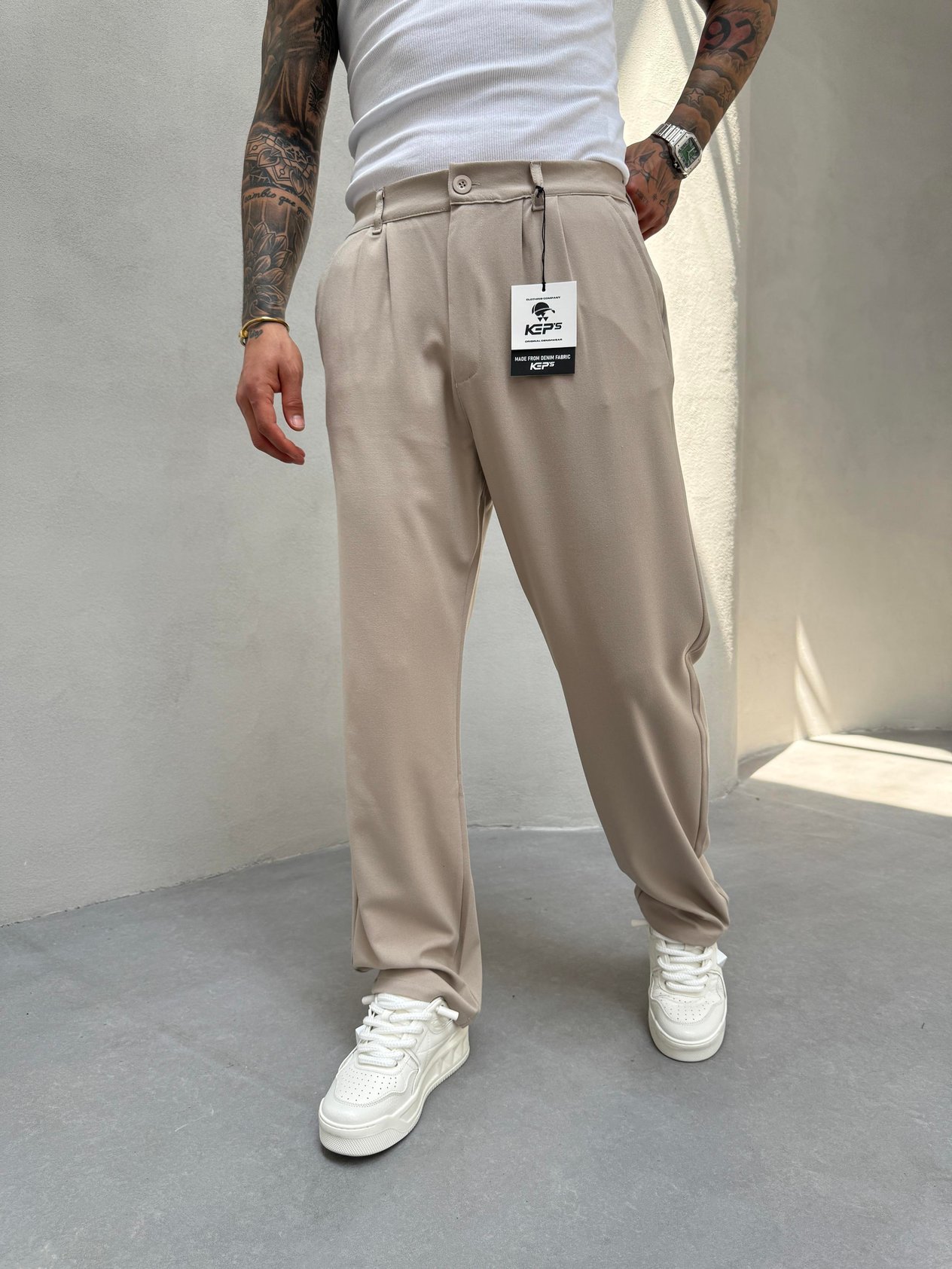 Krem Pileli Baggy Kumaş Pantolon
