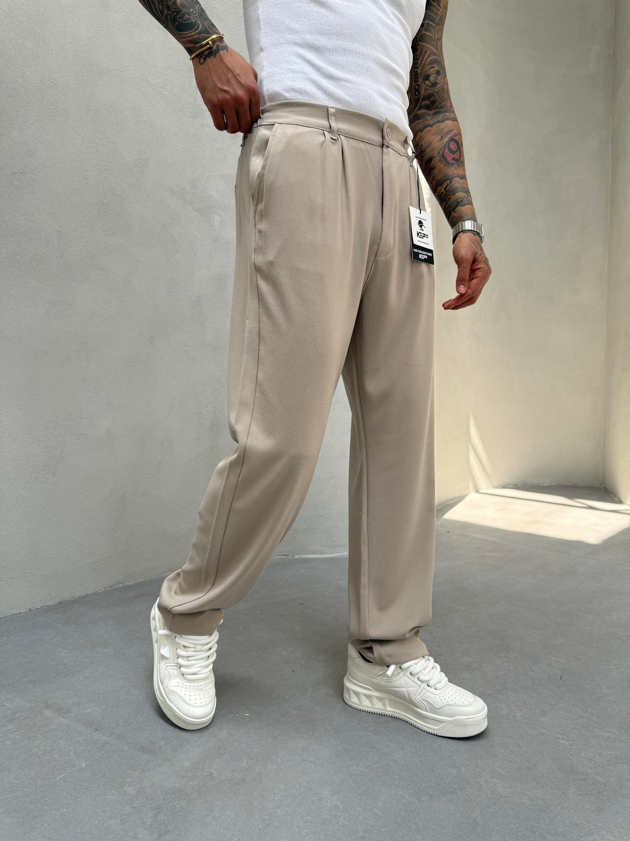 Krem Pileli Baggy Kumaş Pantolon
