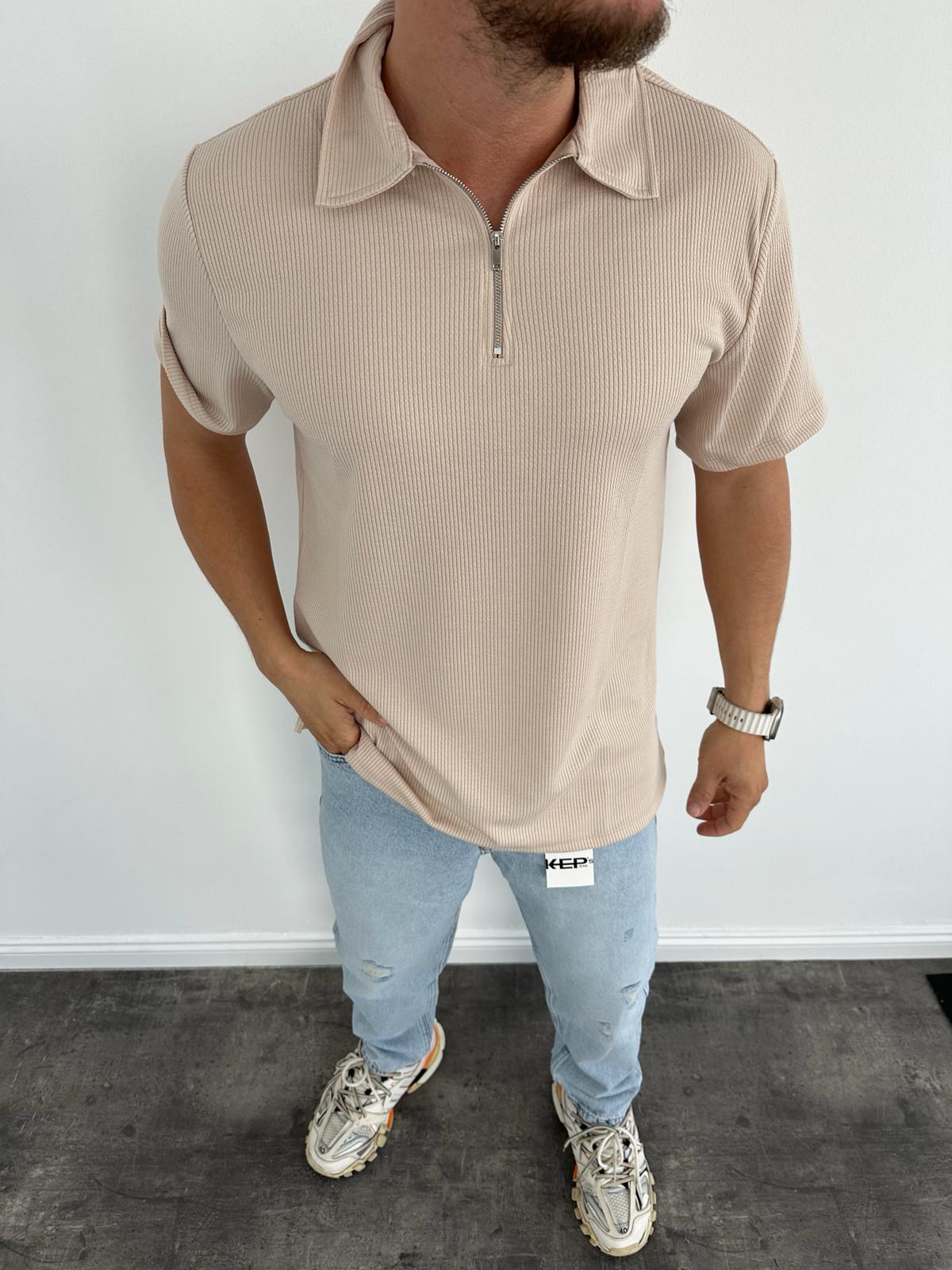 Krem Polo Yaka Fermuarlı T-Shirt