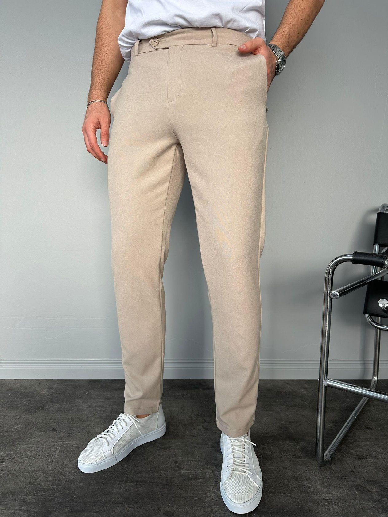 Krem Slimfit Kumaş Pantolon