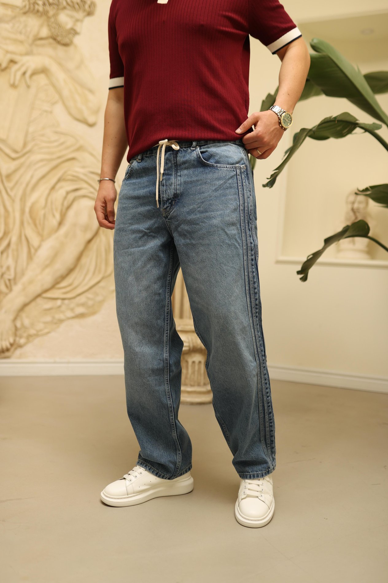 Mavi Bağcıklı Şerit Detaylı Relax Baggy Jean