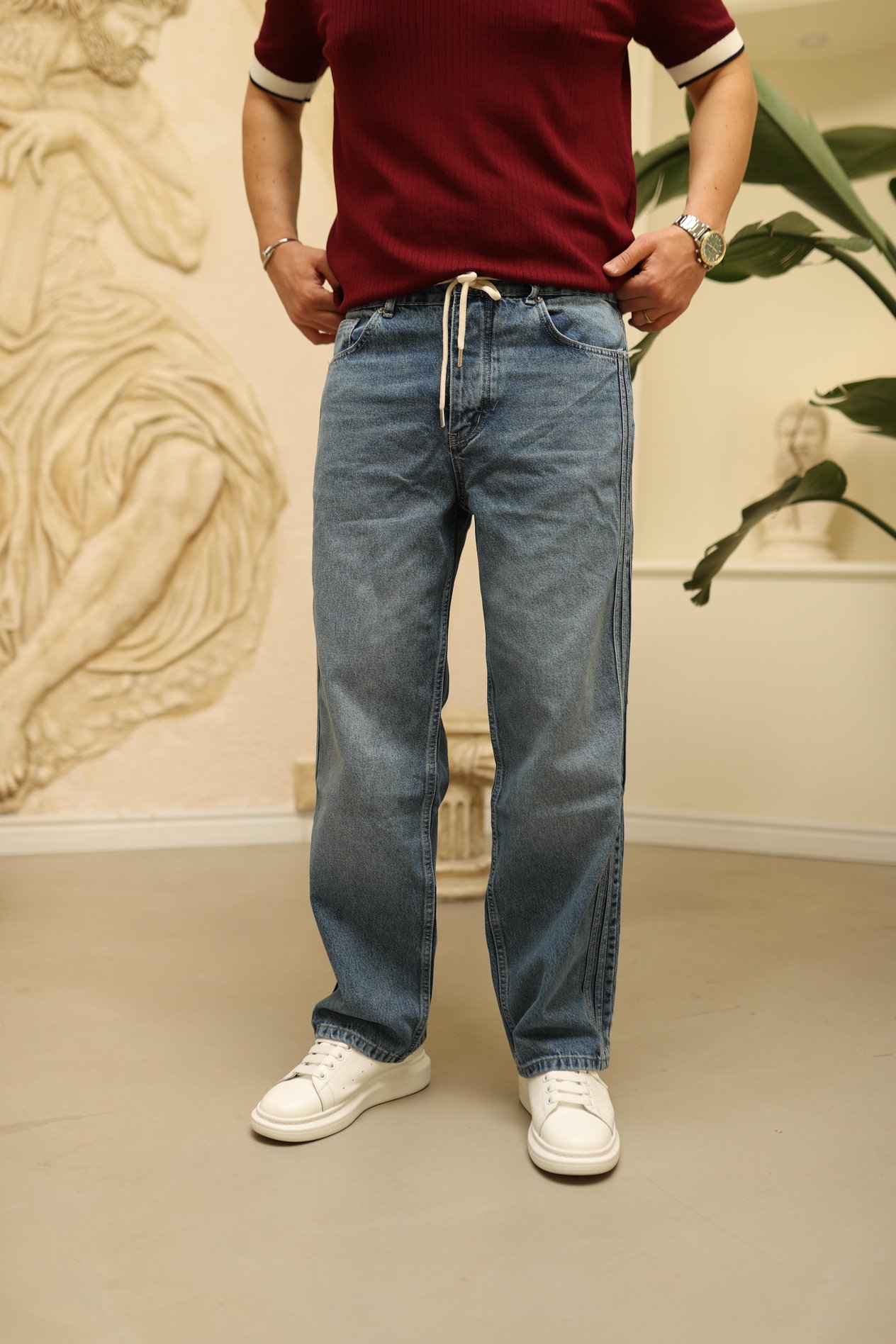 Mavi Bağcıklı Şerit Detaylı Relax Baggy Jean