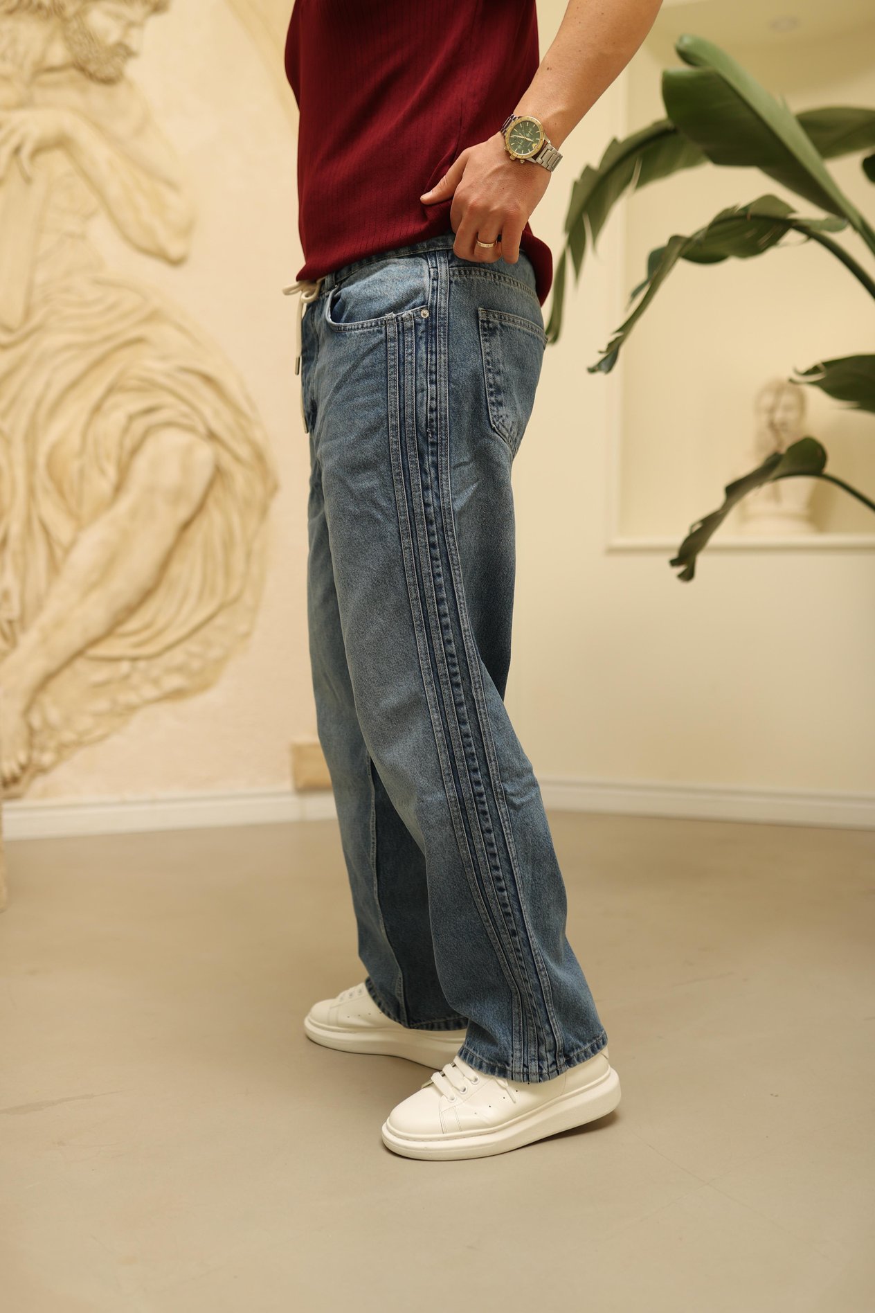 Mavi Bağcıklı Şerit Detaylı Relax Baggy Jean