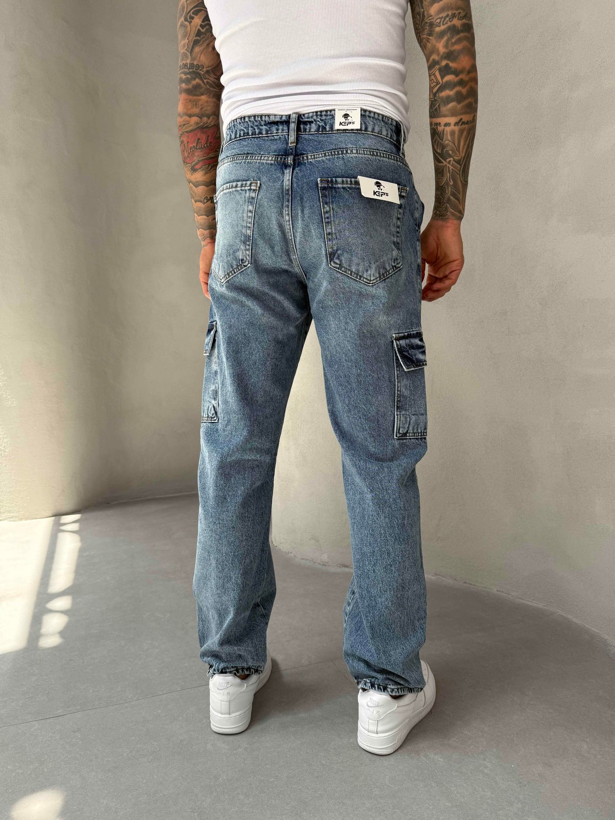 Mavi Yıkamalı Kargo Cep Baggy Jean