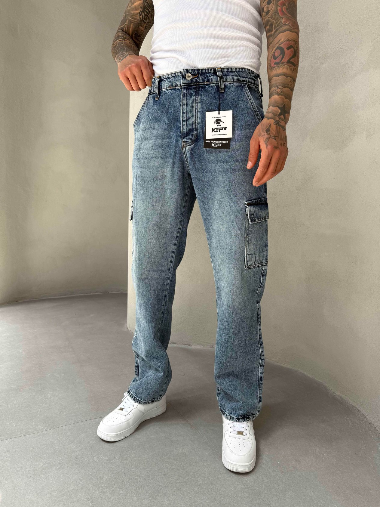 Mavi Yıkamalı Kargo Cep Baggy Jean