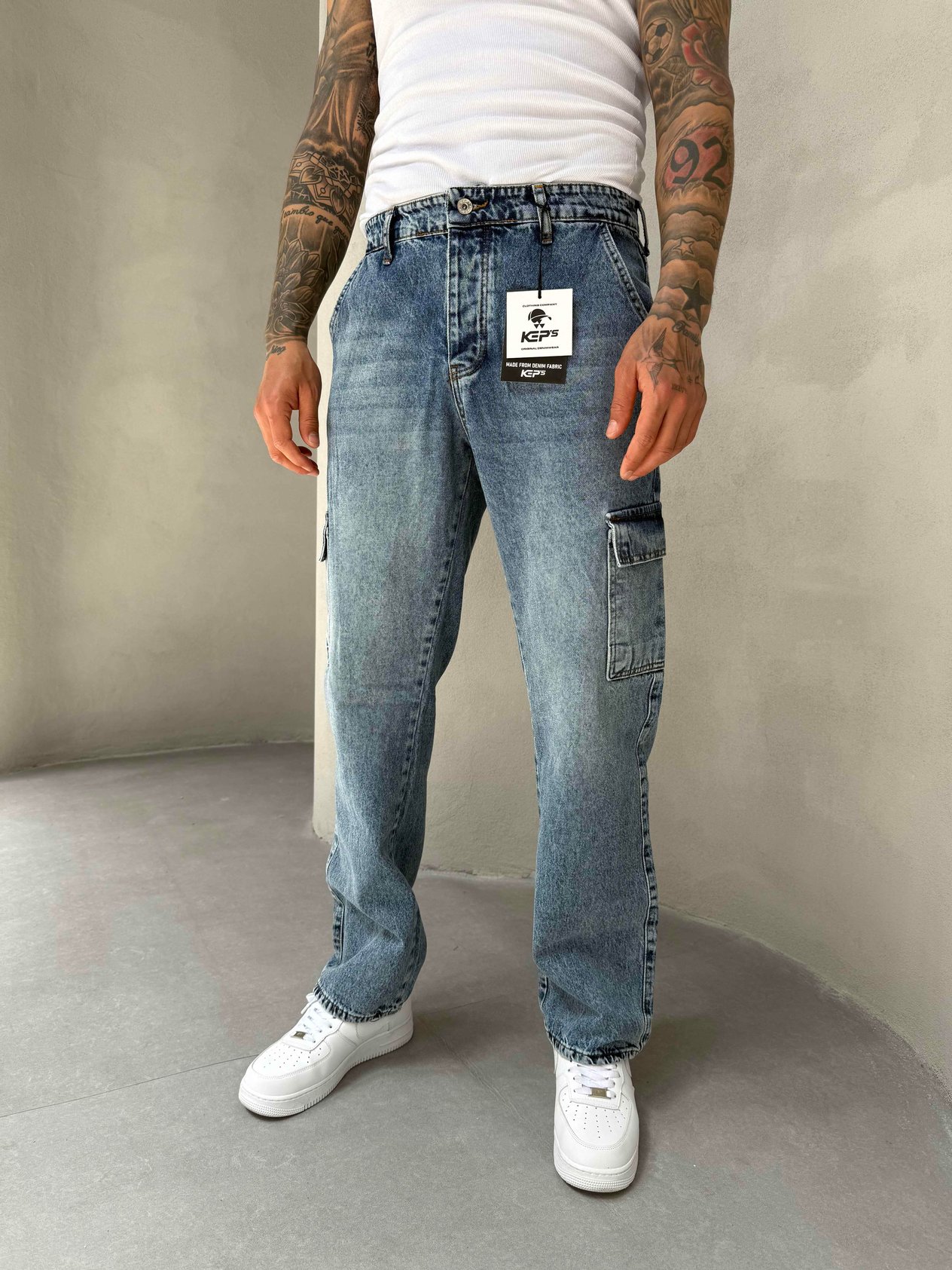 Mavi Yıkamalı Kargo Cep Baggy Jean