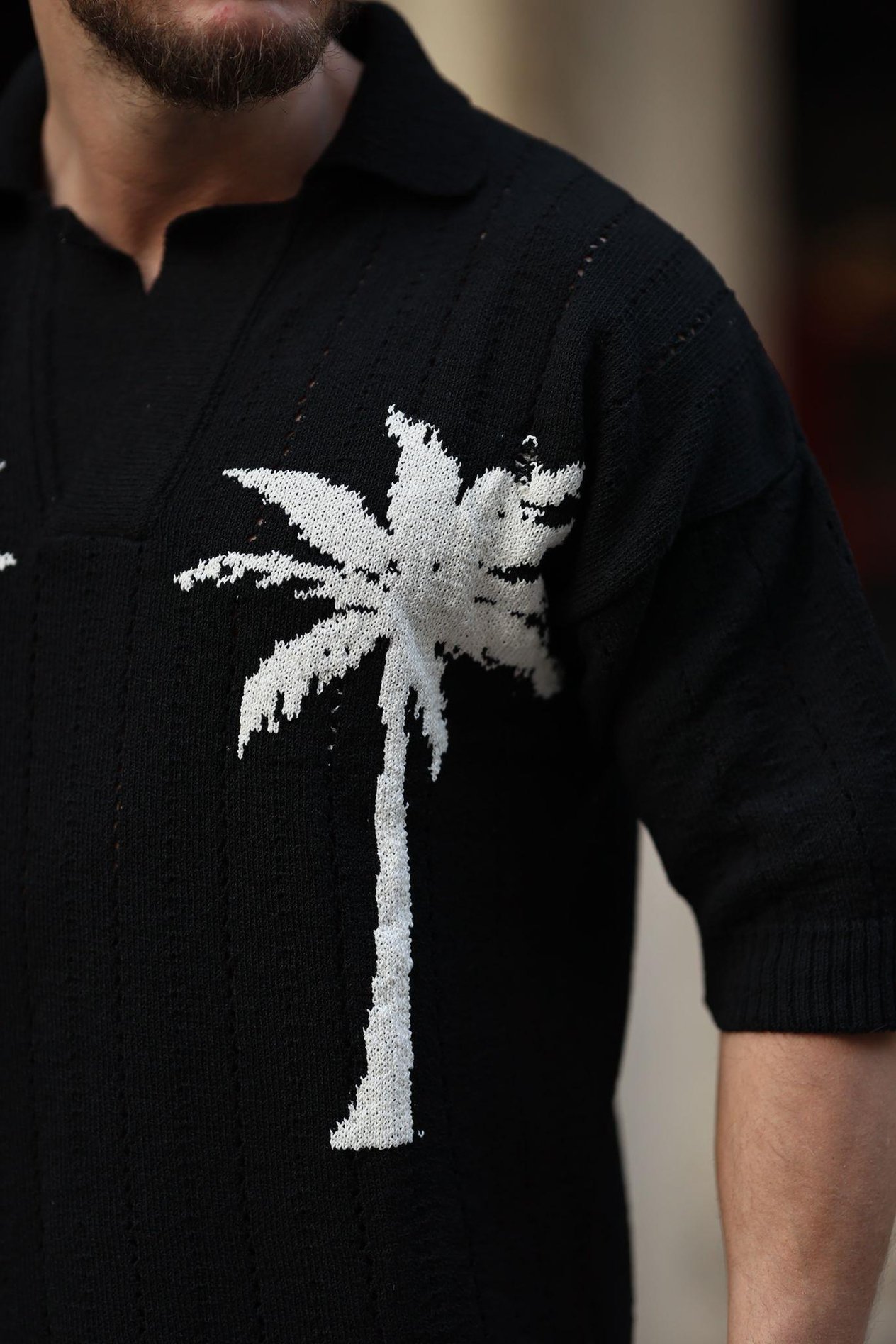 Siyah Desenli Polo Yaka Triko T-Shirt