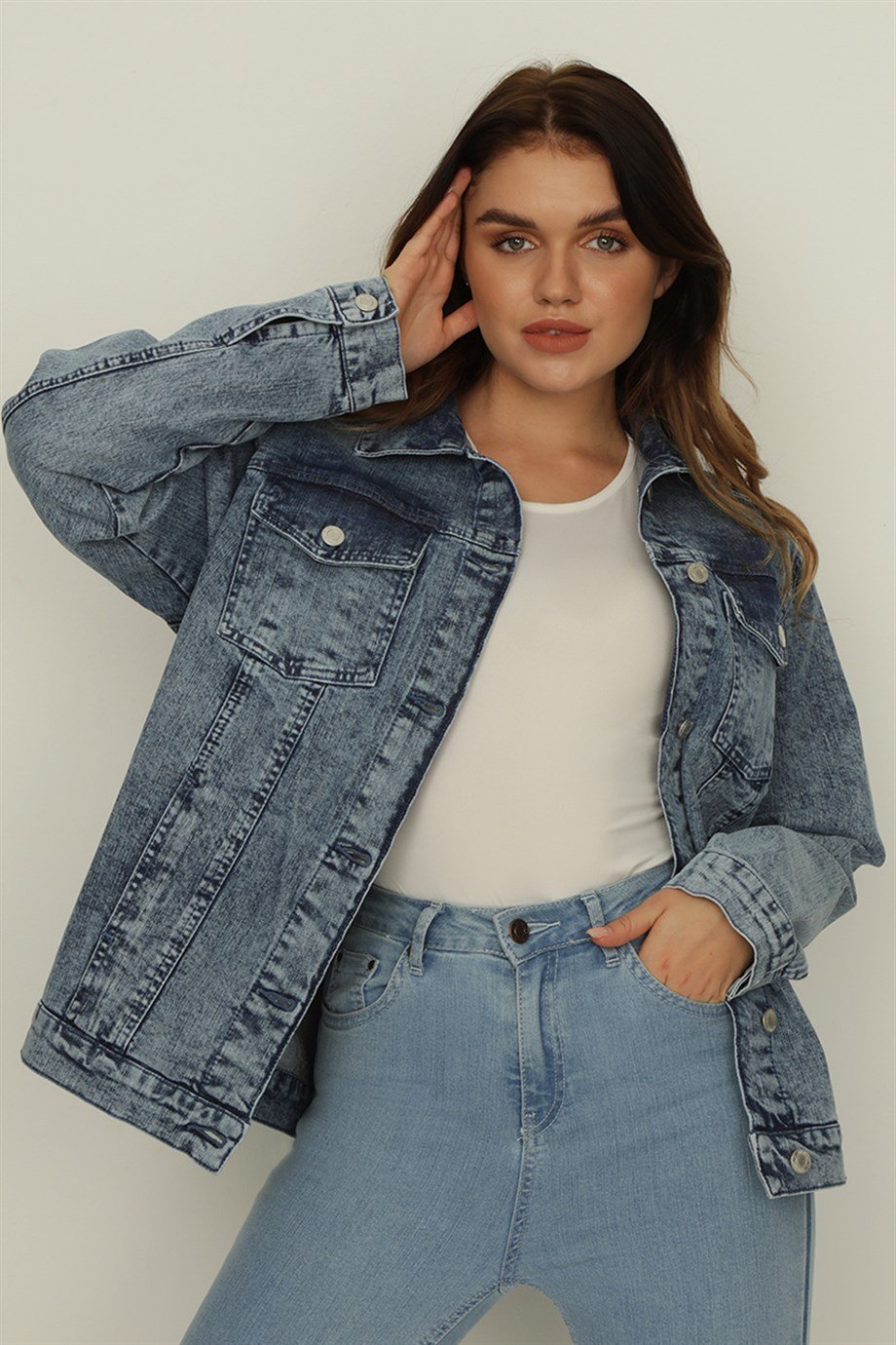 Kadın Cepli Oversize Denim Ceket