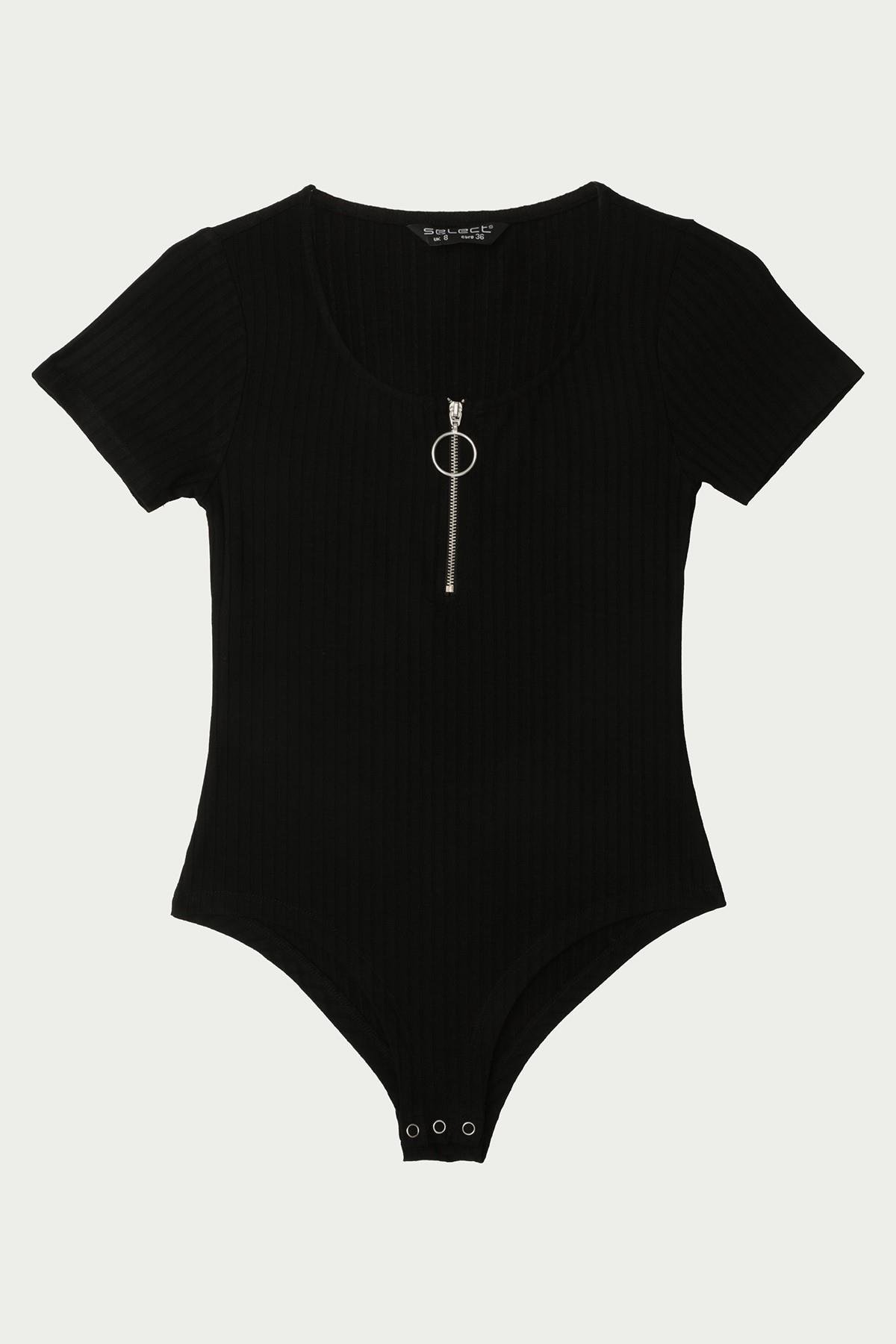 Kadın Önden Fermuarlı Kısa Kollu Alttan Çııtçıtlı Body