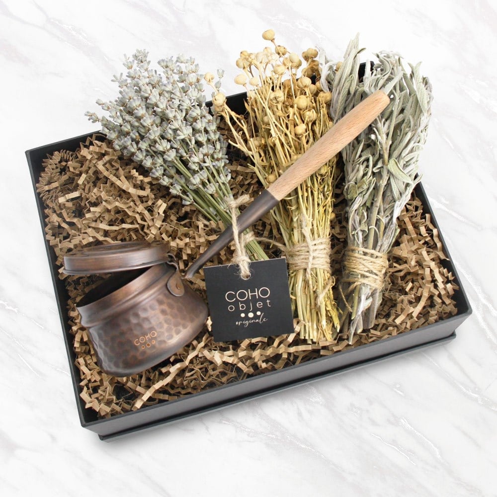 Coho Box Antique Dövme Tütsü Çanağı & Üzerlik &Adaçayı & Lavanta Hediye Seti