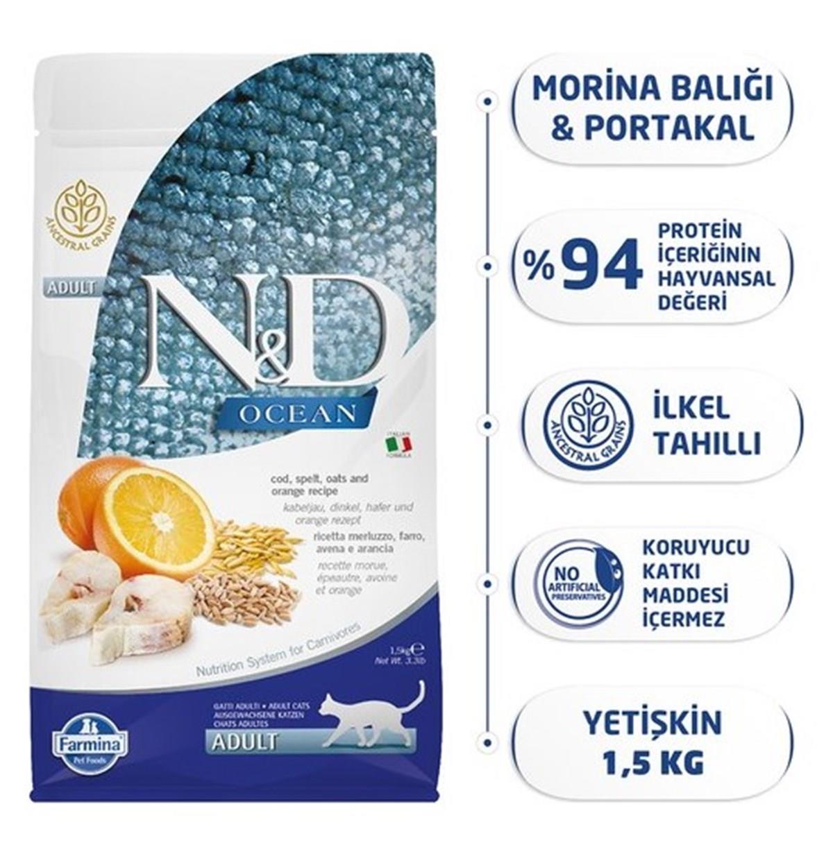 N&D Low Ocean Morina Balık&Portakallı Yetişkin Kedi Maması 1,5 Kg