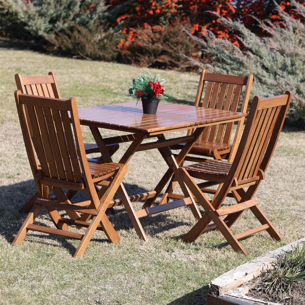 Avşa Ahşap Masa Sandalye Takımları - 4 Kişilik Katlanır Bahçe Balkon Set Kare
