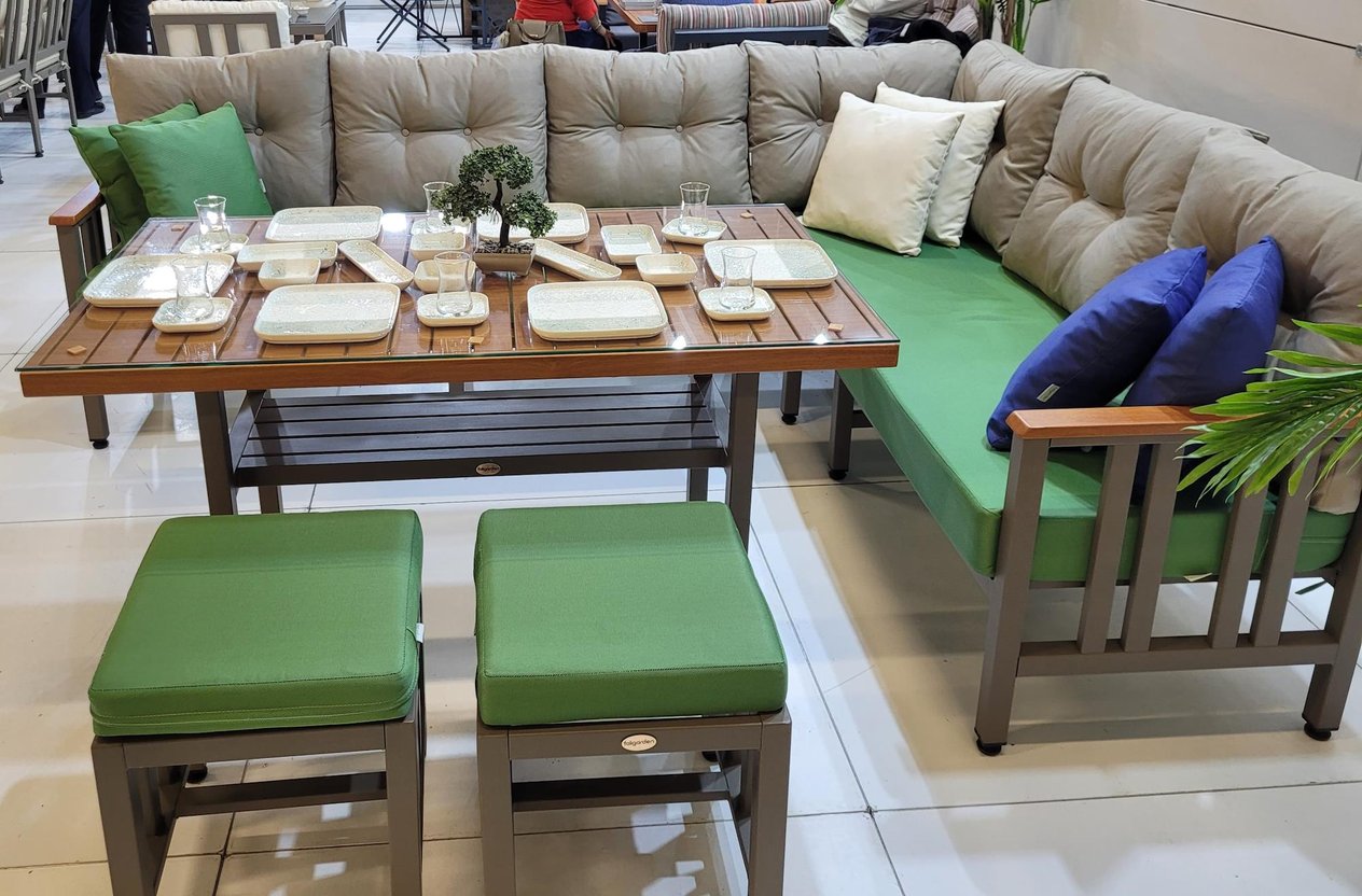 Çamlıca Alüminyum Köşe Koltuk Takımı : 205 +185 cm Koltuk + 75x130 cm Masa