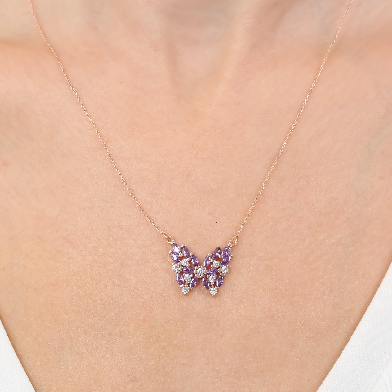 Ametist Markiz Taşlı Kelebek Büyüsü Rosegold Gümüş Kolye