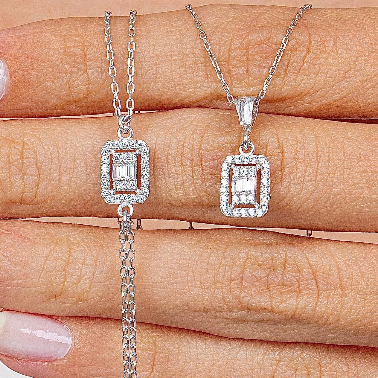 Dörtgen Baget Işıltısı Gümüş İkili Set