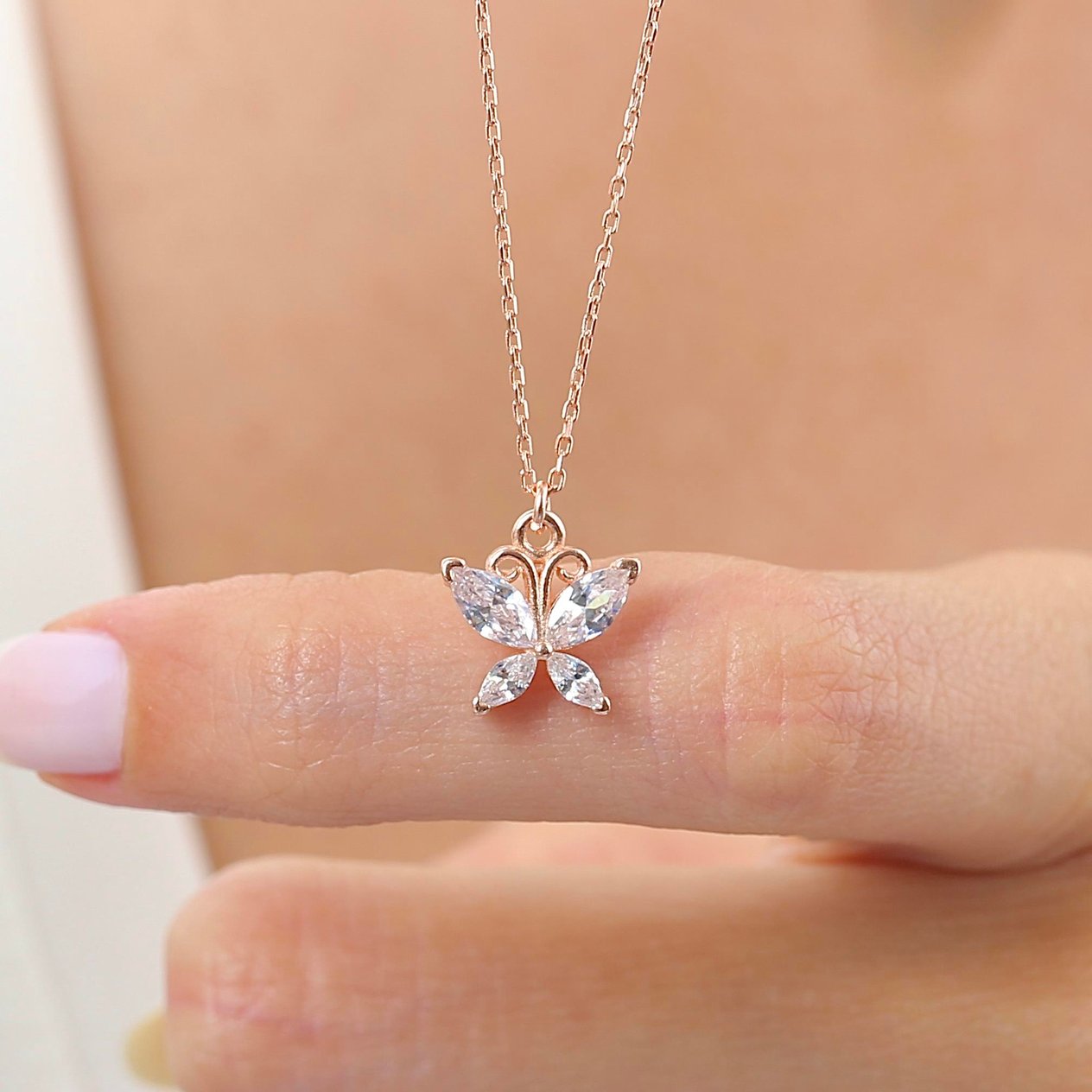 Işıltılı Kelebek Dokunuşu Rosegold Gümüş Kolye