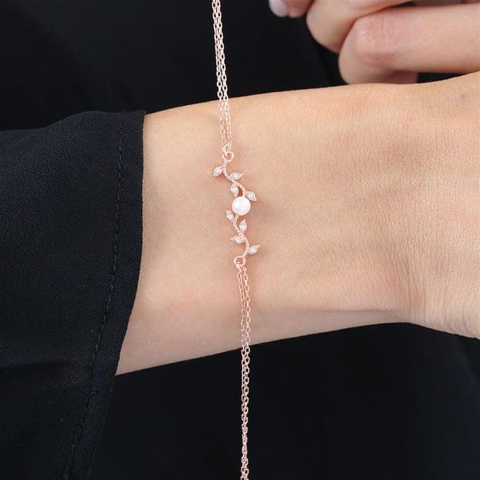Pırlanta Montür İnci Baharı Rose Renk Gümüş Set