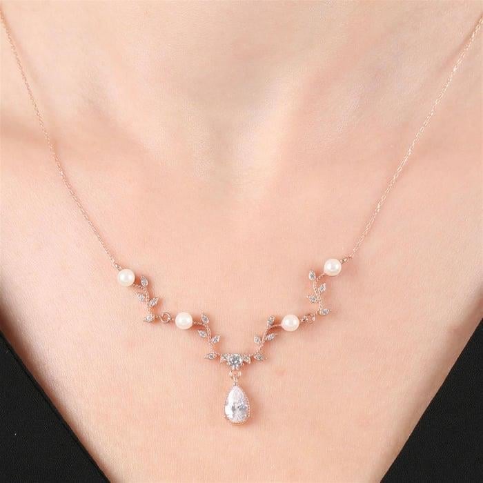 Pırlanta Montür İnci Baharı Rose Renk Gümüş Set