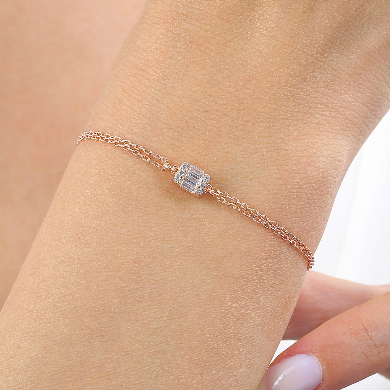 Pırlanta Montür Minimal Dörtgen Baget Rosegold Gümüş Bileklik