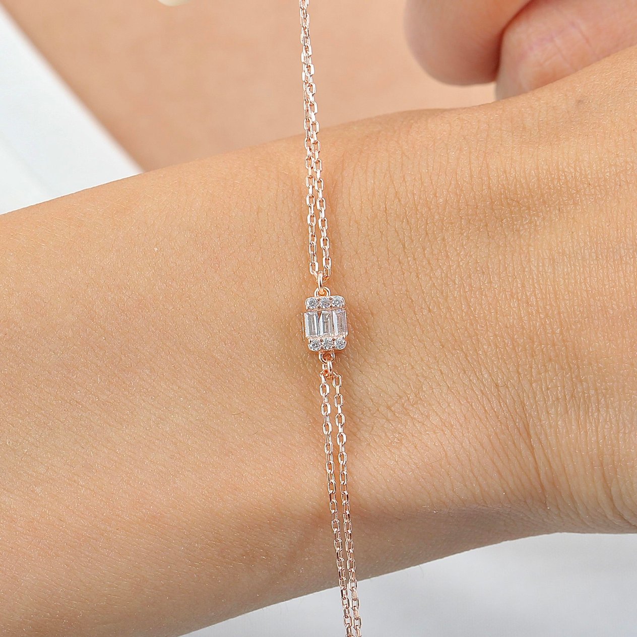 Pırlanta Montür Minimal Dörtgen Baget Rosegold Gümüş Bileklik