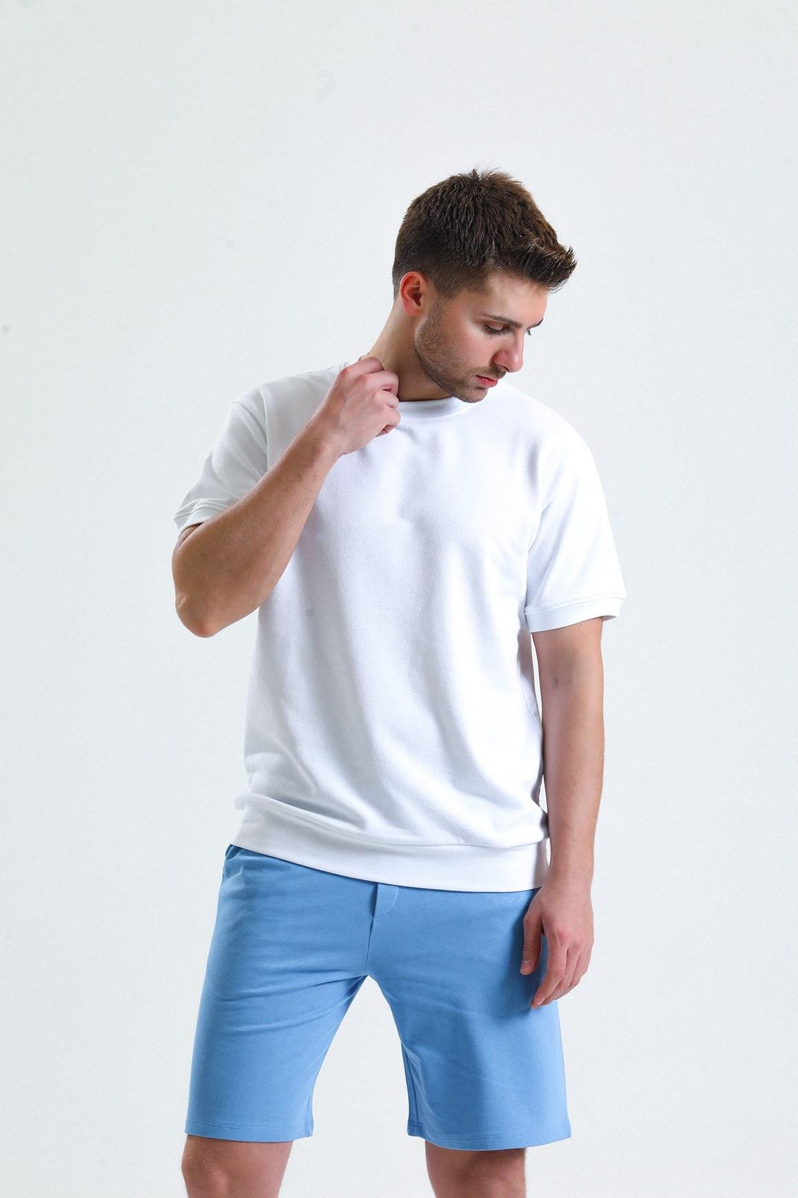 Beyaz Kısa Kollu Bisiklet Yaka 2 İplik Oversize Sweatshirt
