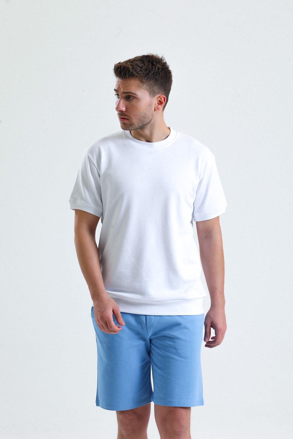 Beyaz Kısa Kollu Bisiklet Yaka 2 İplik Oversize Sweatshirt