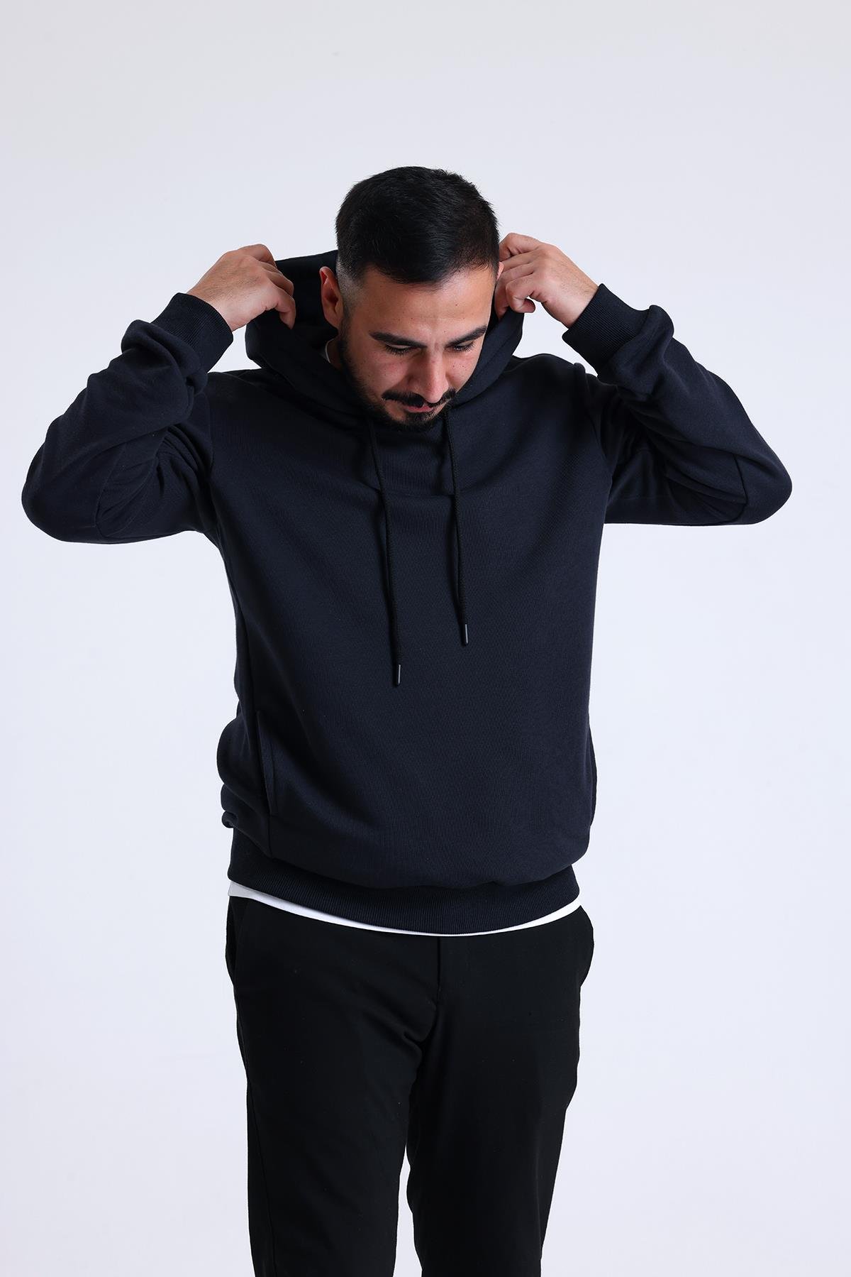 Lacivert Yandan Cepli Kapüşonlu Sweatshirt
