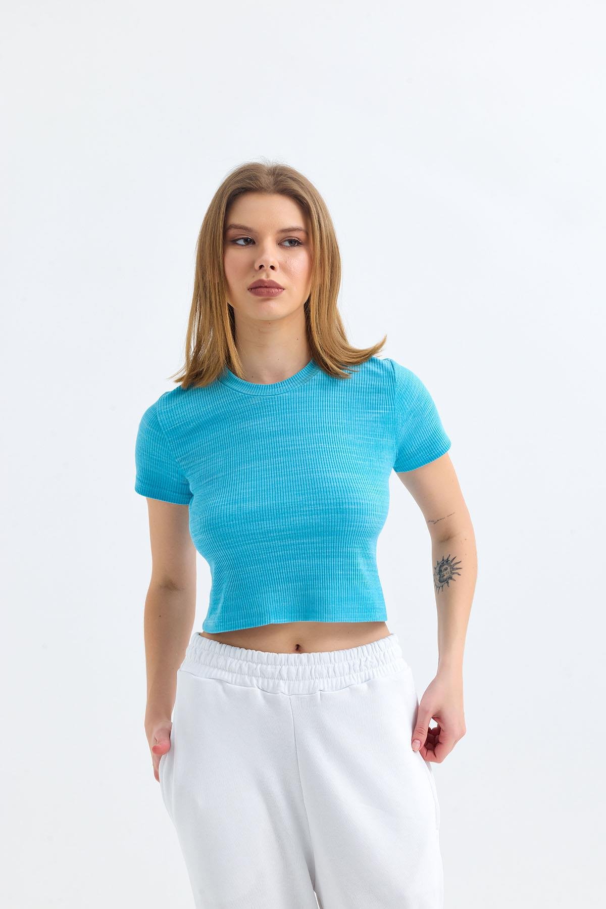 Mavi Bisiklet Yaka Kısa Kollu Kaşkorse Crop Bluz