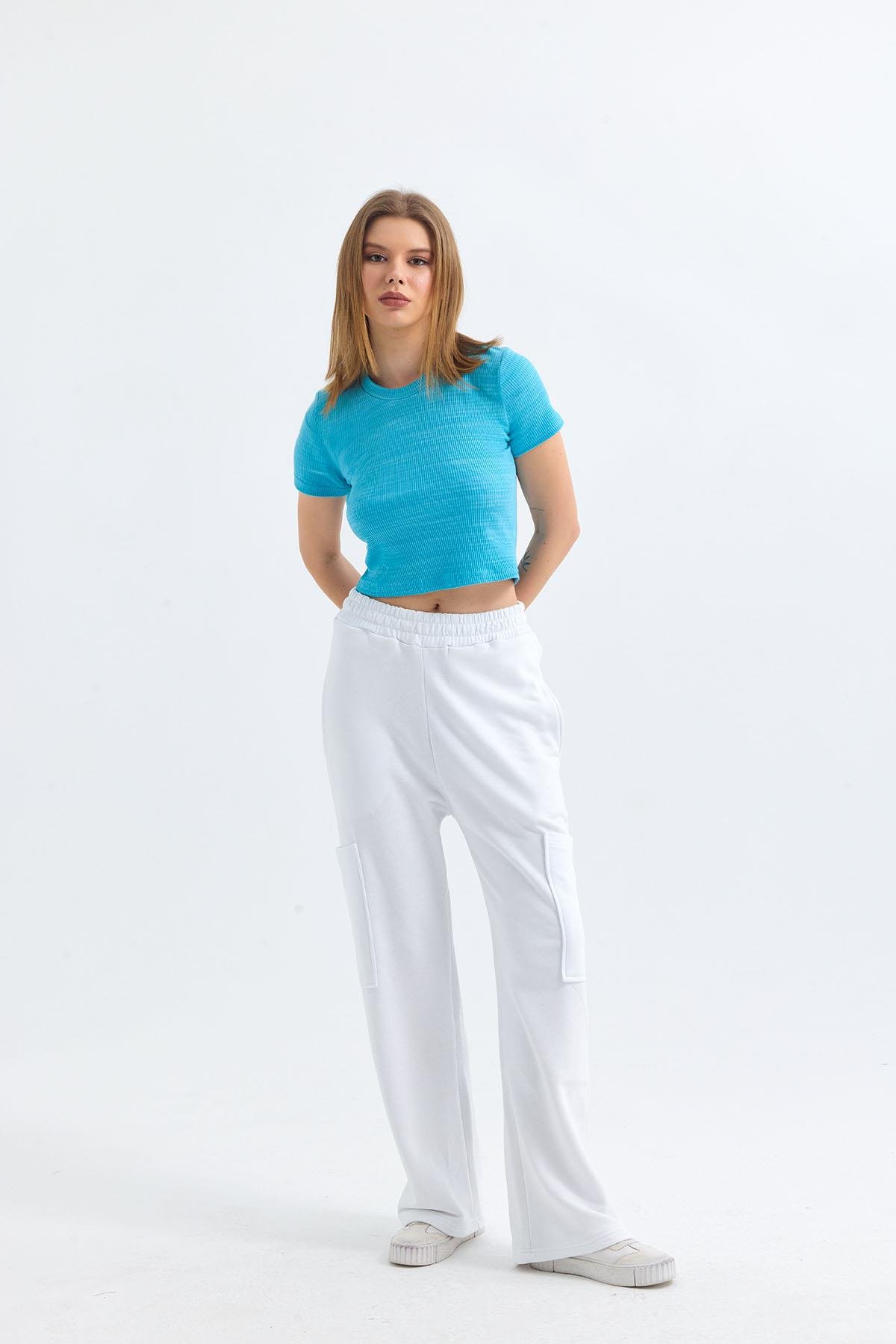 Mavi Bisiklet Yaka Kısa Kollu Kaşkorse Crop Bluz
