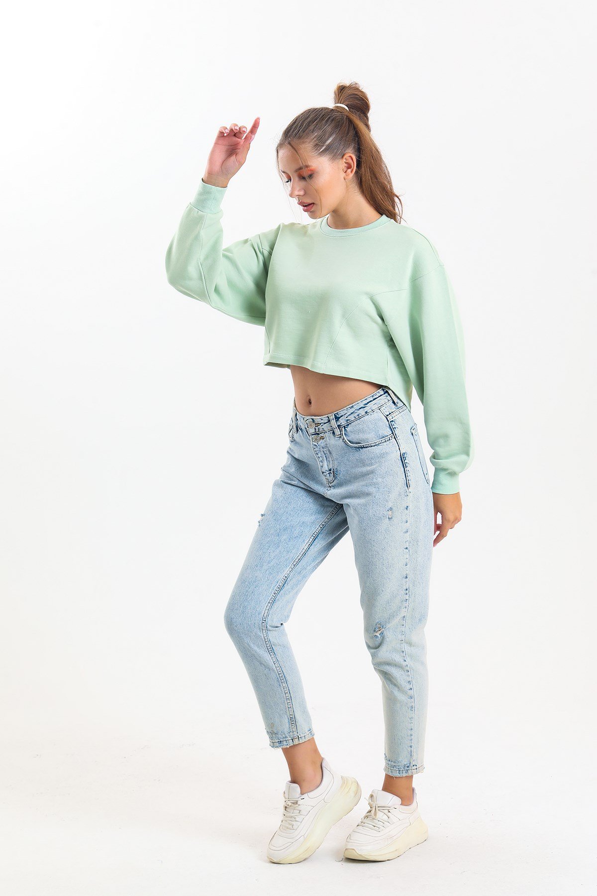 Su Yeşili Crop Basic Sweatshirt