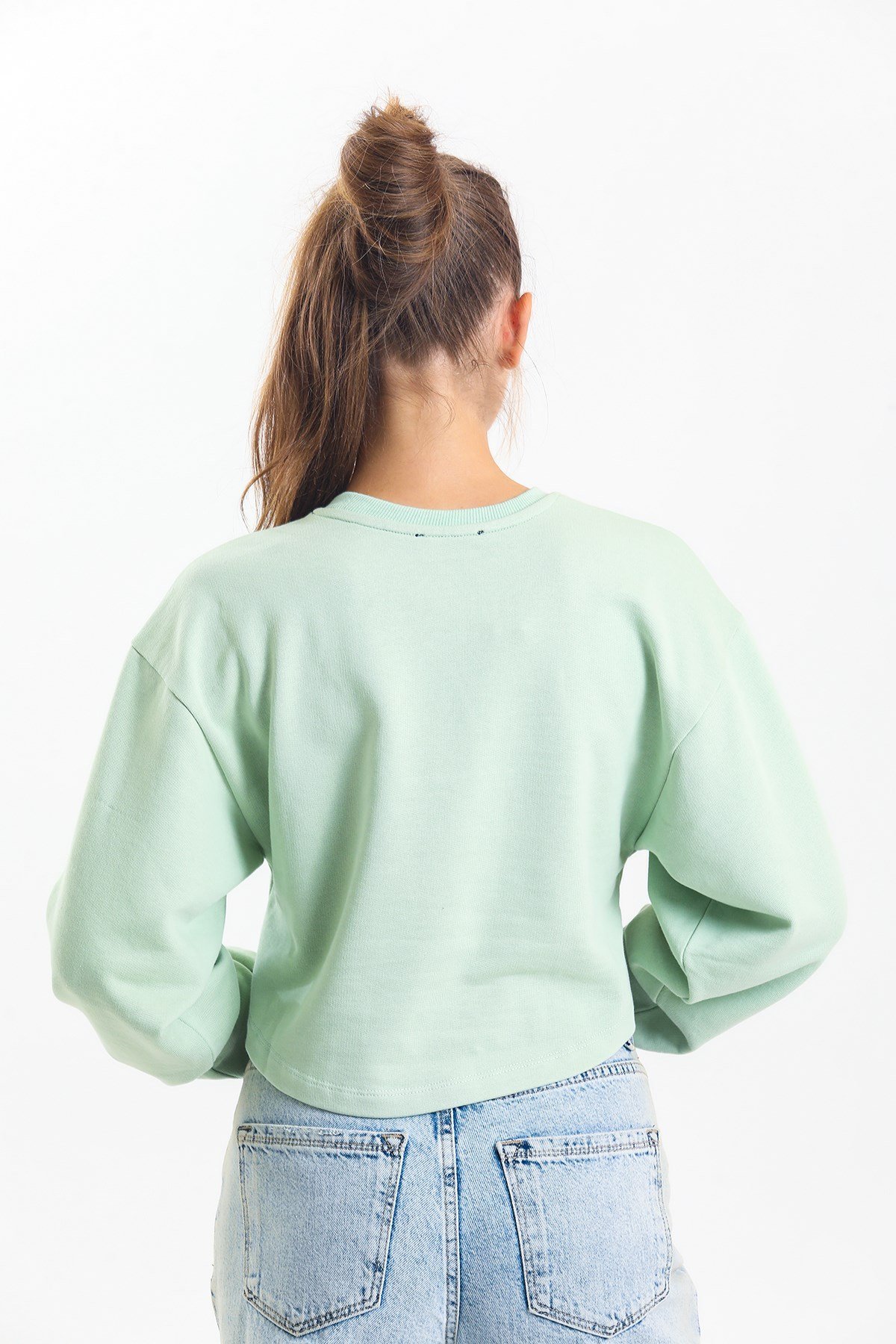 Su Yeşili Crop Basic Sweatshirt