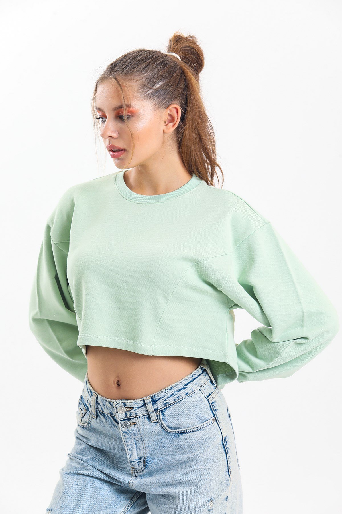 Su Yeşili Crop Basic Sweatshirt