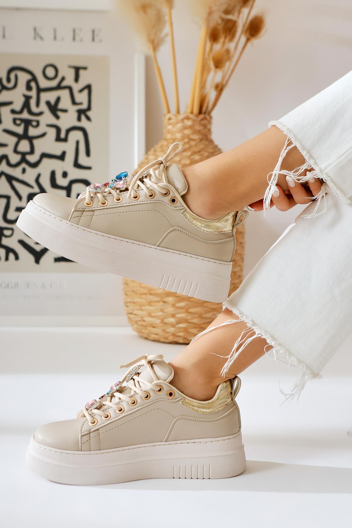 Deena Bej Kalın Tabanlı Taş Detaylı Sneakers