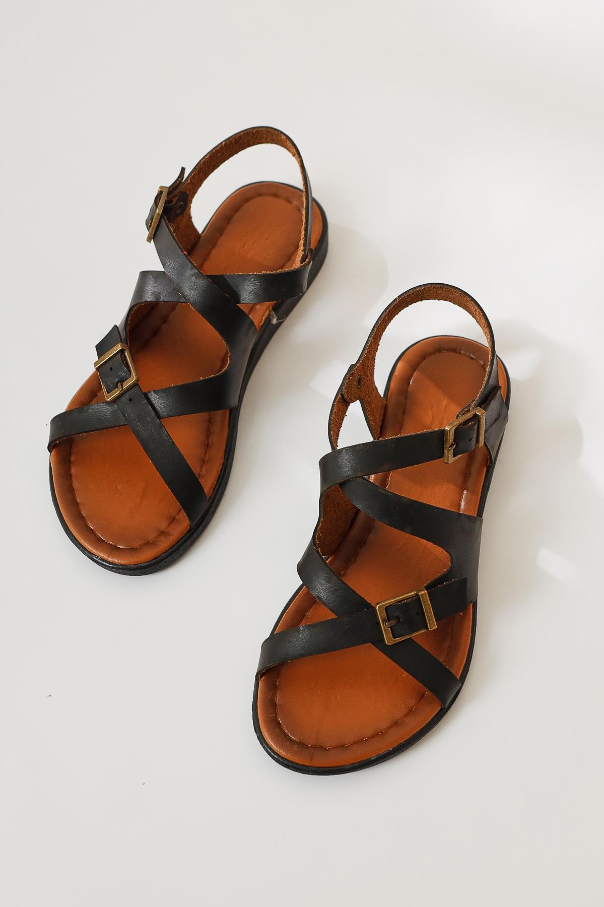 Hakiki Deri Belize Siyah Çapraz Bantlı Sandalet