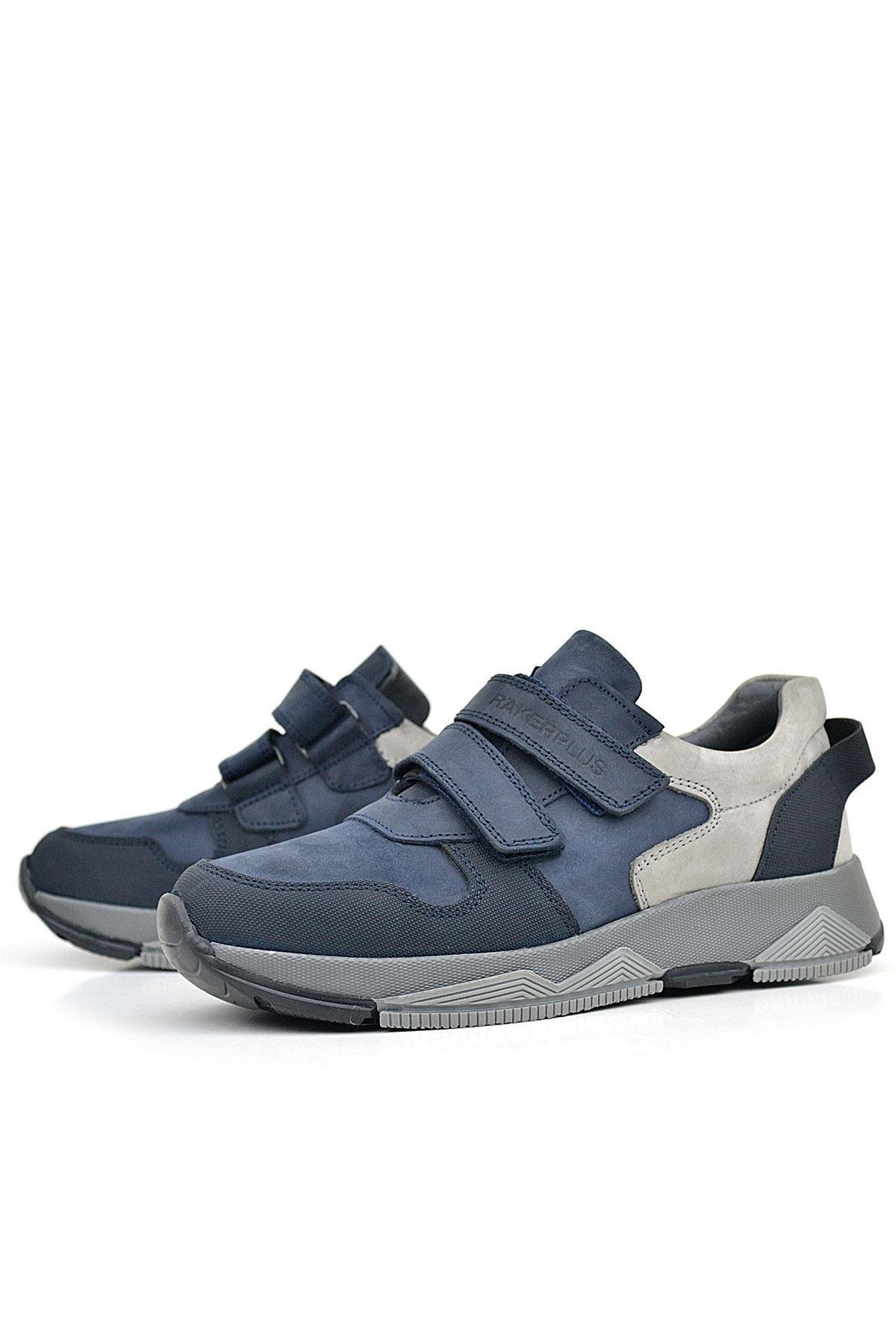 Hakiki Deri Lacivert Cırtlı Gri Tabanlı Çocuk Sneakers Spor Ayakkabı