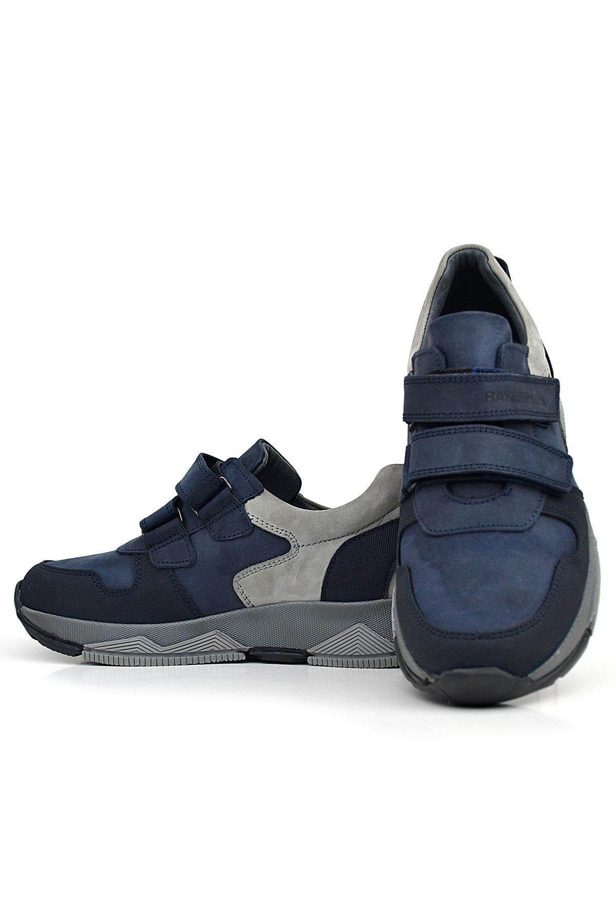 Hakiki Deri Lacivert Cırtlı Gri Tabanlı Çocuk Sneakers Spor Ayakkabı