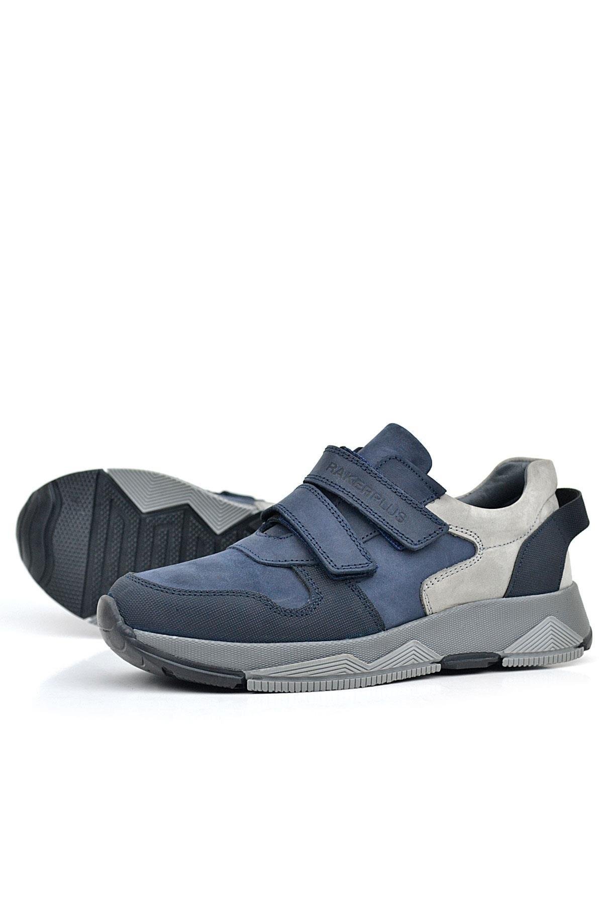 Hakiki Deri Lacivert Cırtlı Gri Tabanlı Çocuk Sneakers Spor Ayakkabı