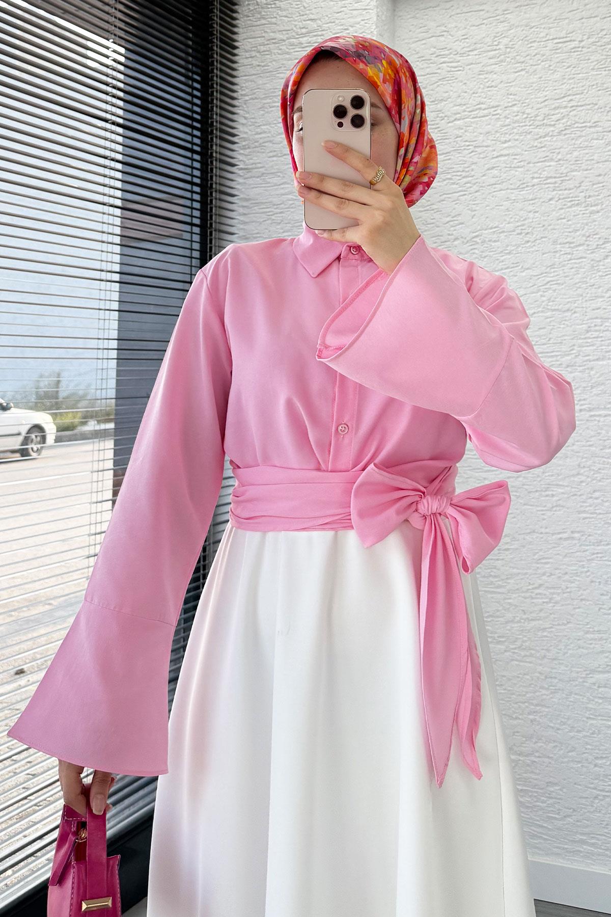 Belden Bağlamalı Poplin Gömlek - Pembe
