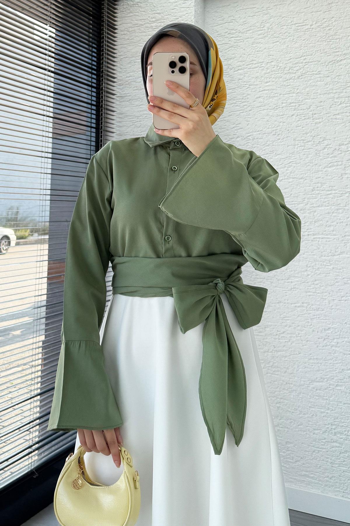 Belden Bağlamalı Poplin Gömlek - Yeşil