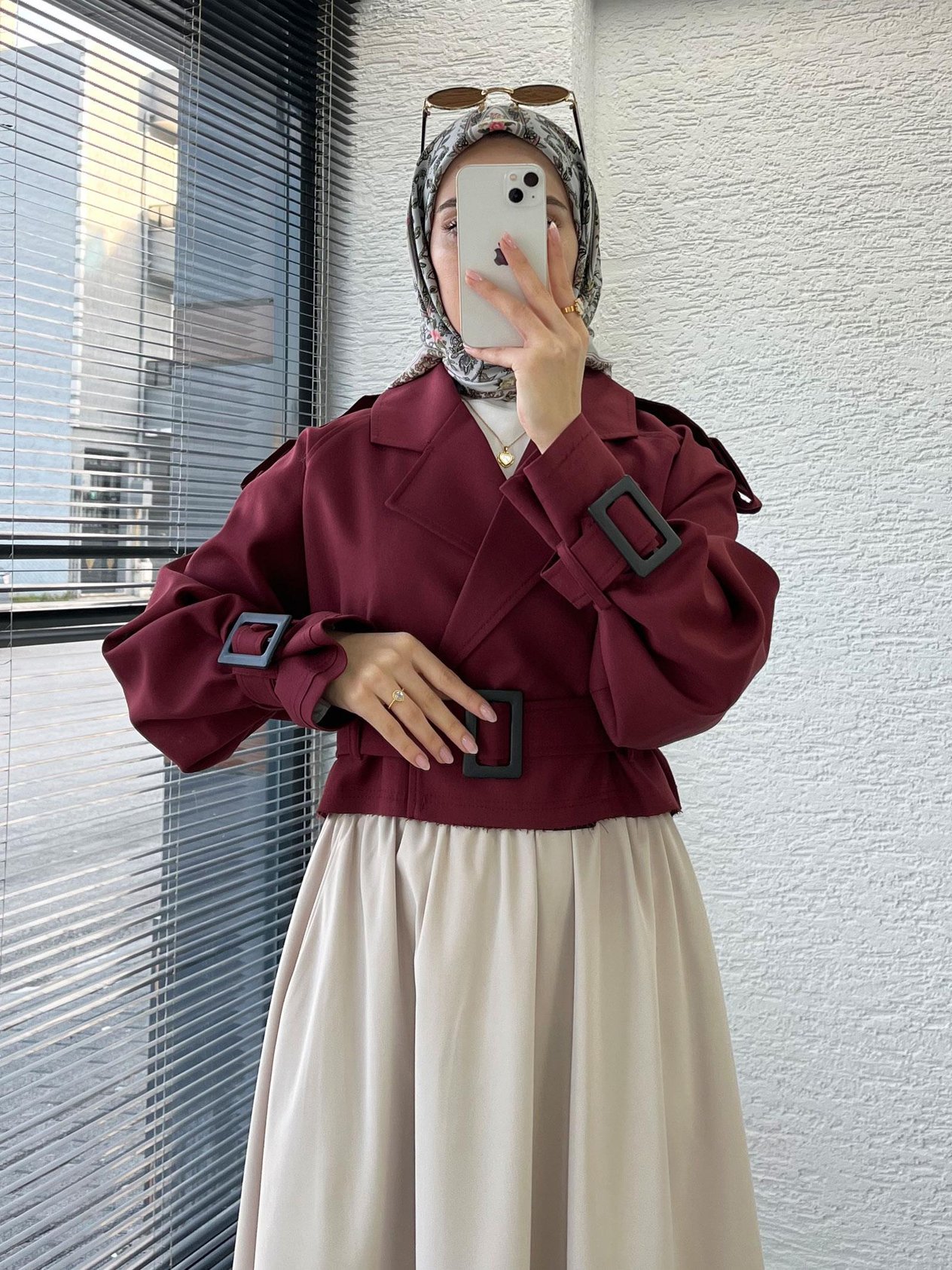 Bordo Kısa Kadın Trençkot