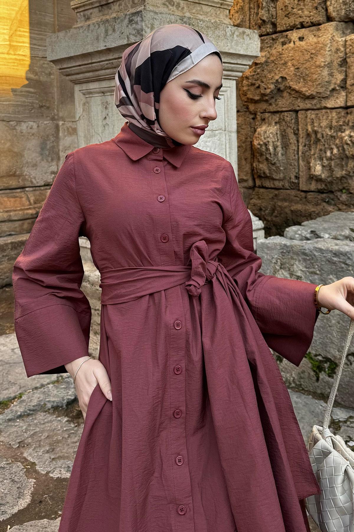 Geniş Kemerli Gömlek Elbise-Bordo