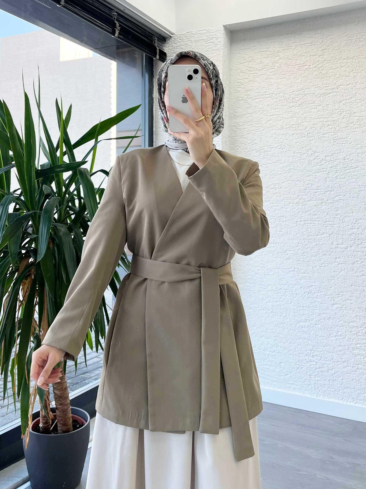 Haki Kemer Detaylı Minimal Kimono Ceket
