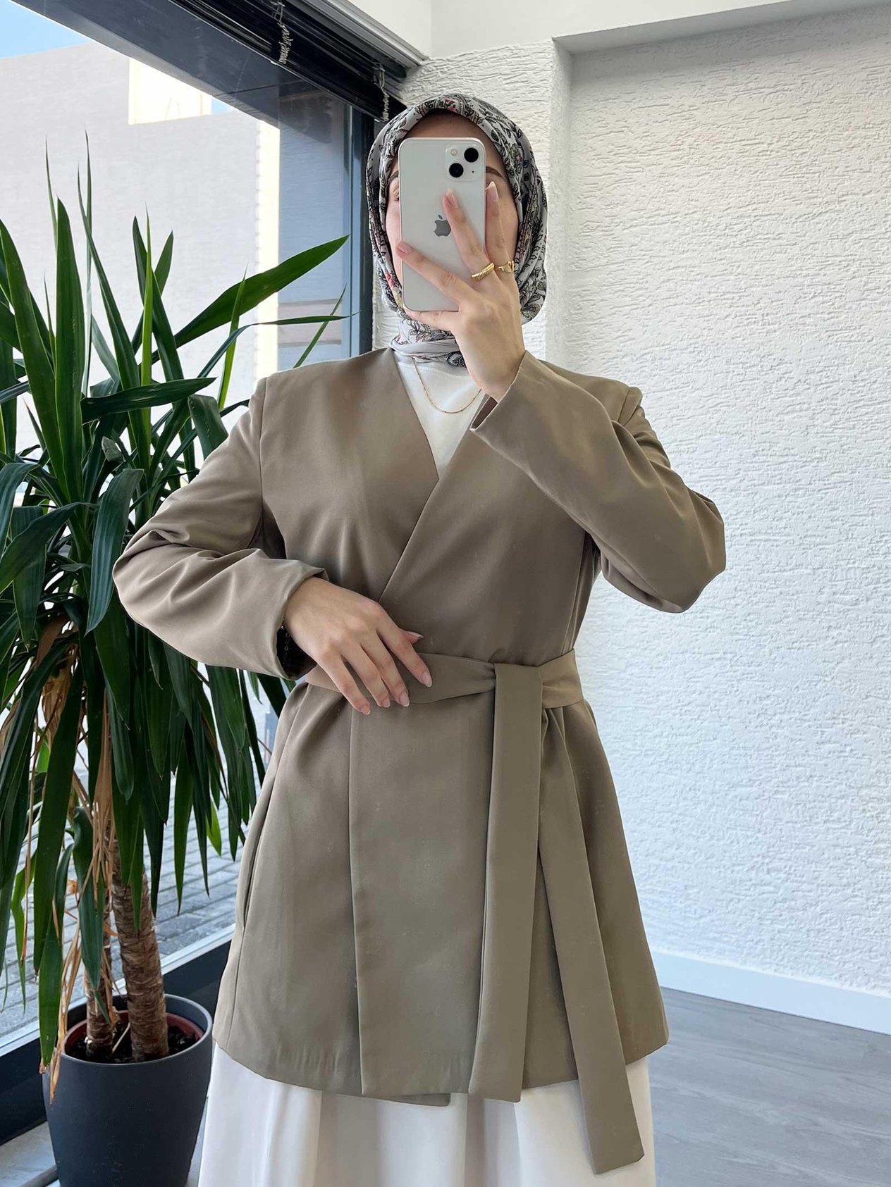 Haki Kemer Detaylı Minimal Kimono Ceket