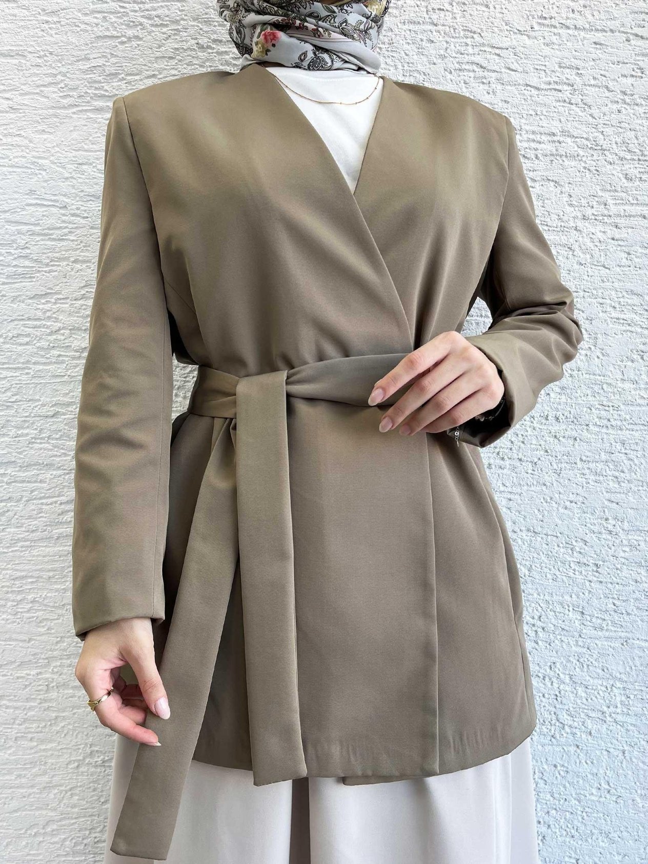 Haki Kemer Detaylı Minimal Kimono Ceket