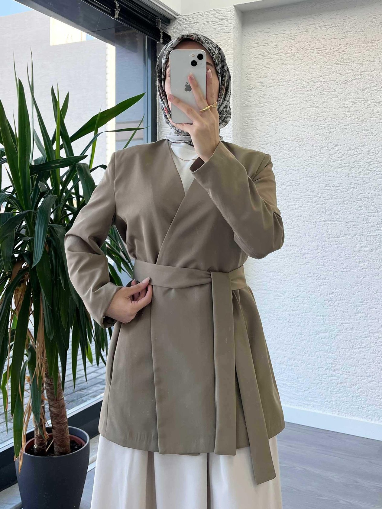Haki Kemer Detaylı Minimal Kimono Ceket