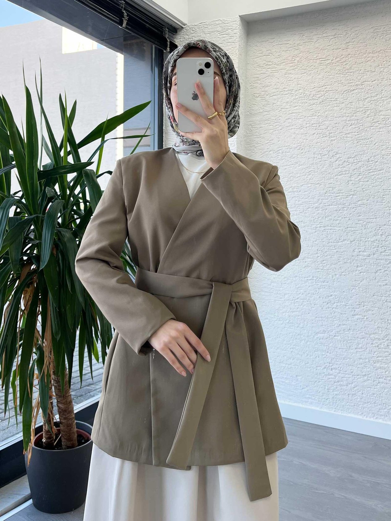 Haki Kemer Detaylı Minimal Kimono Ceket