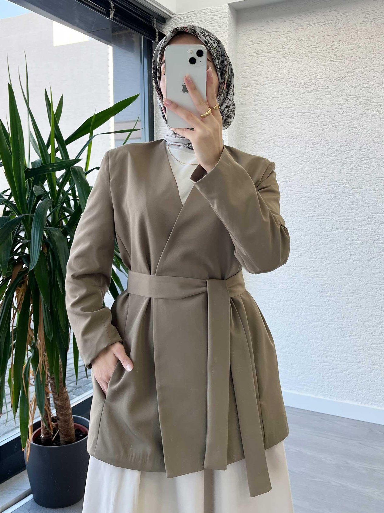Haki Kemer Detaylı Minimal Kimono Ceket