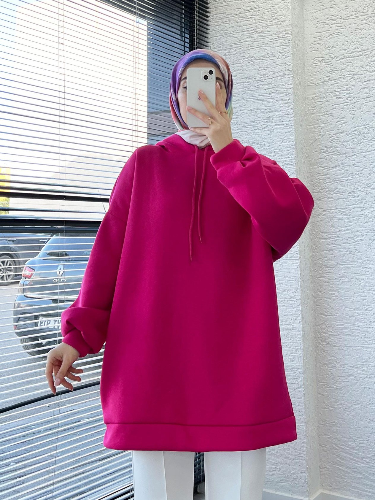 Kadın Fuşya Oversize Kapüşonlu Sweat