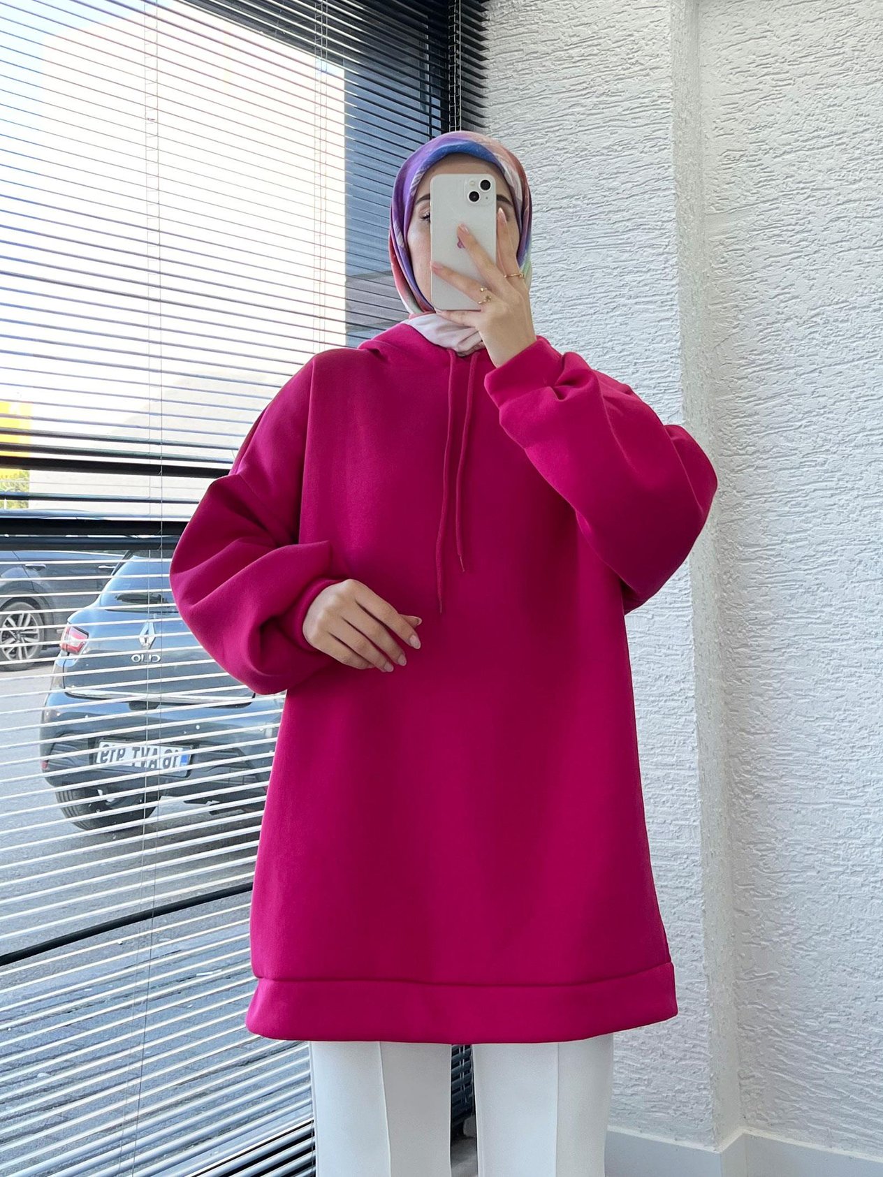 Kadın Fuşya Oversize Kapüşonlu Sweat