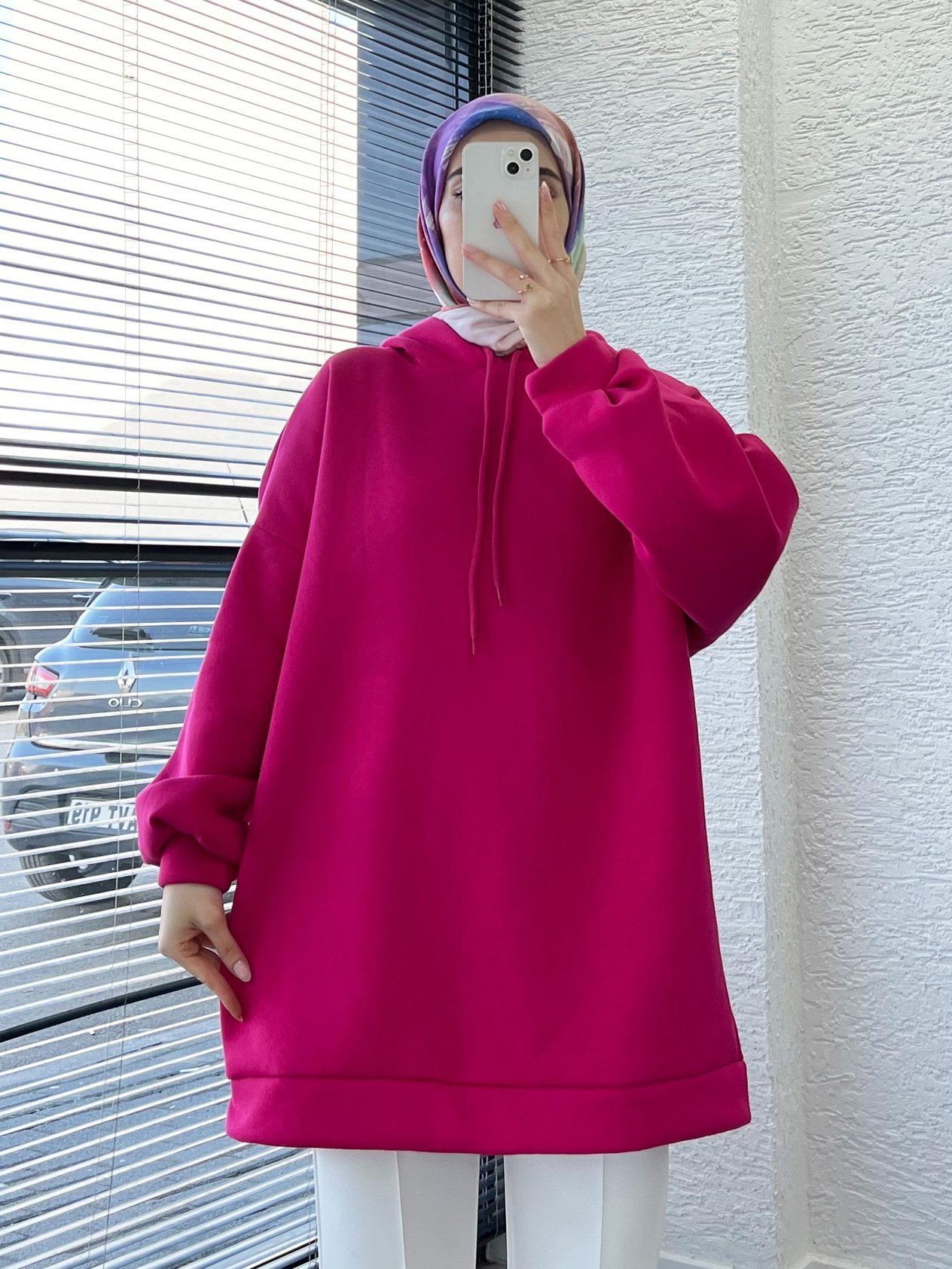Kadın Fuşya Oversize Kapüşonlu Sweat